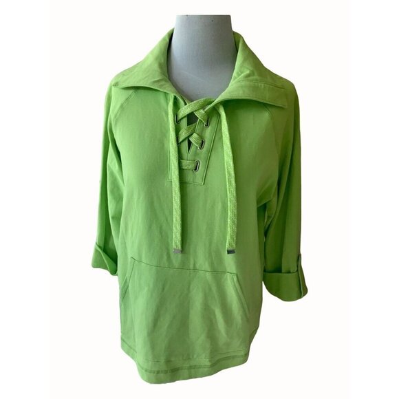 Ruby Rd vneck drawstring green cuffed quarter sleeve pullover top NEW Small - Picture 1 of 9